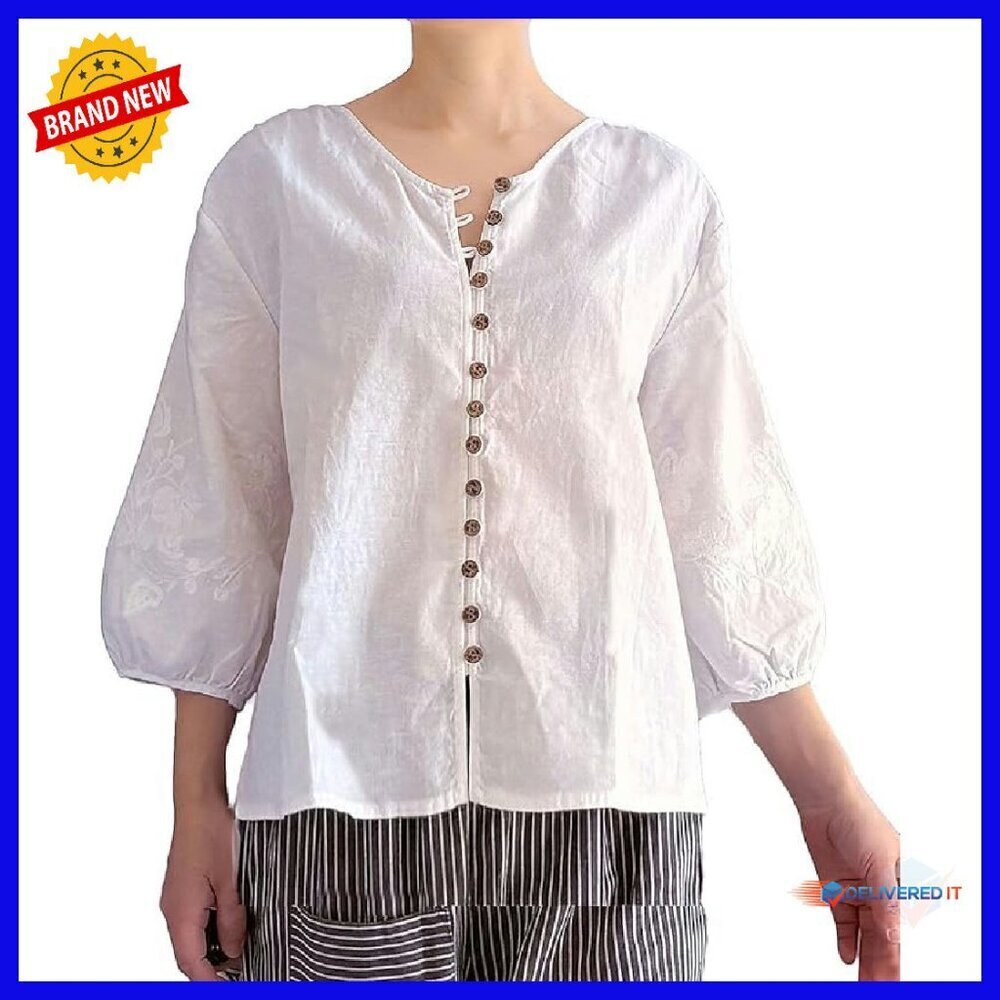 Cotton Linen Button Down Blouse 3/4 Sleeve Embroidered V Neck